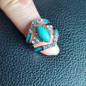 Turquoise & CZ Bohemian Silver Ring Set